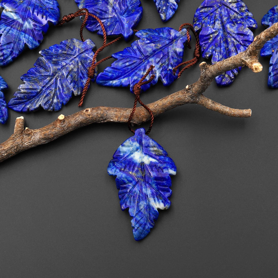 Hand Carved Natural Blue Lapis Leaf Pendant Focal Gemstone Bead A3