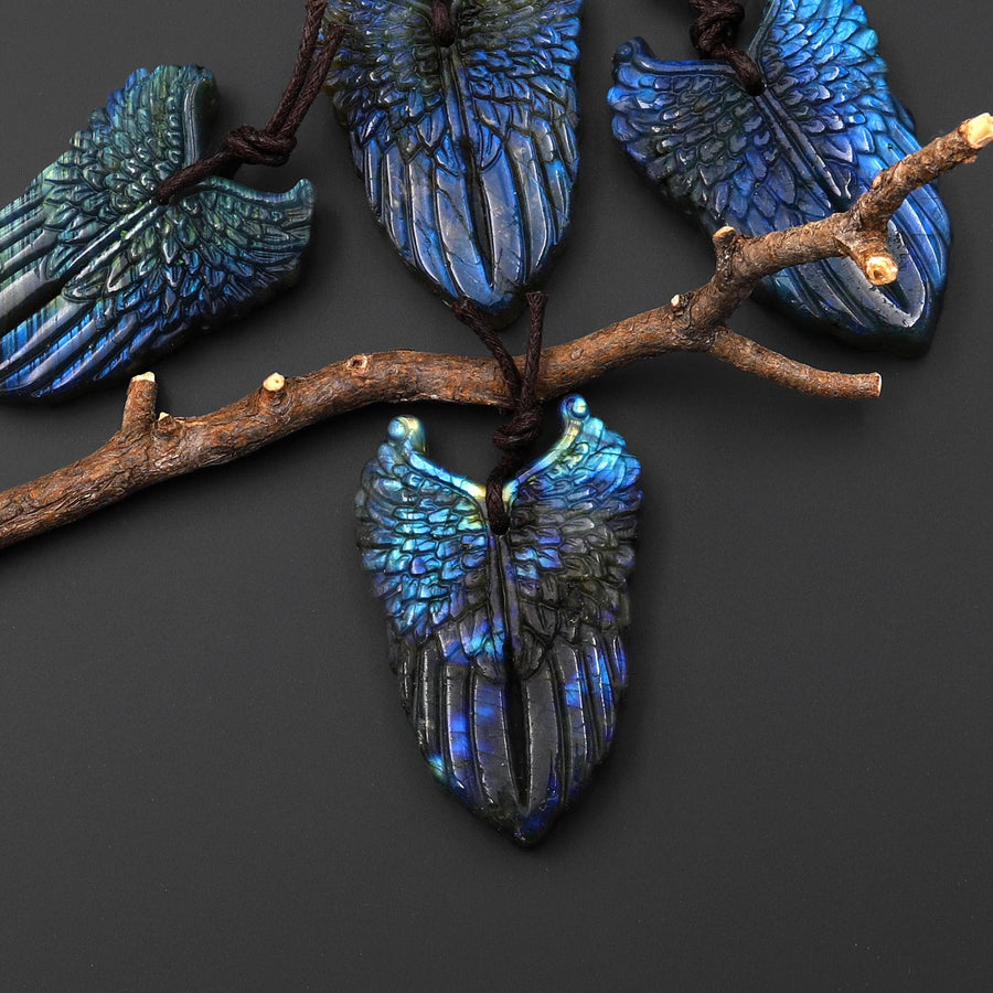 AAA Hand Carved Natural Labradorite Aurora Angel Wing Pendant Gemstone A3