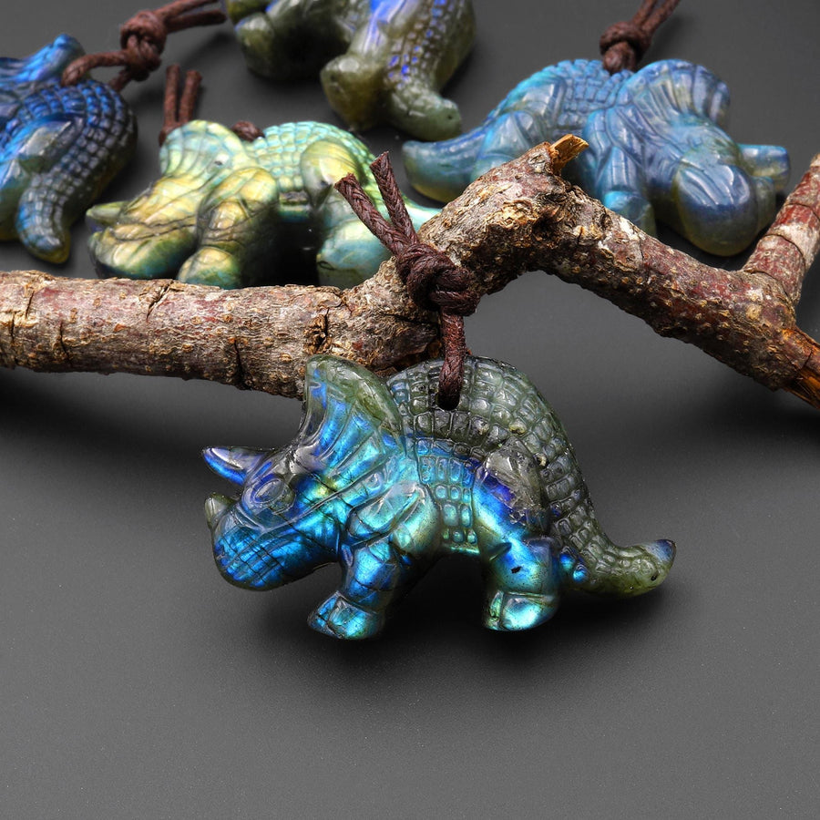 AAA Hand Carved Natural Labradorite Triceratops Dinosaurs Pendant Gemstone Focal Bead A1