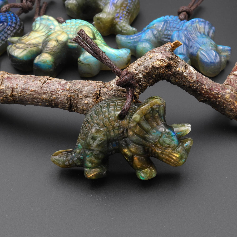 AAA Hand Carved Natural Labradorite Triceratops Dinosaurs Pendant Gemstone Focal Bead A2