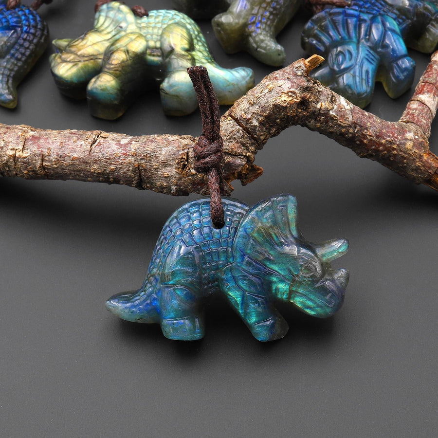 AAA Hand Carved Natural Labradorite Triceratops Dinosaurs Pendant Gemstone Focal Bead A3