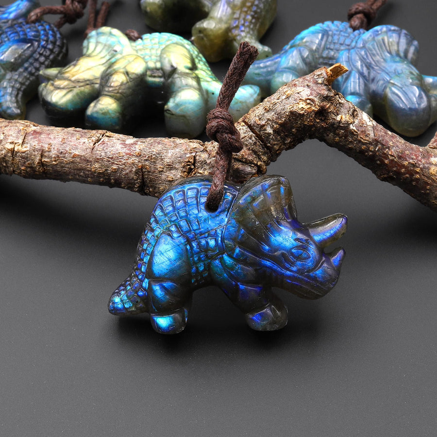 AAA Hand Carved Natural Labradorite Triceratops Dinosaurs Pendant Gemstone Focal Bead A4