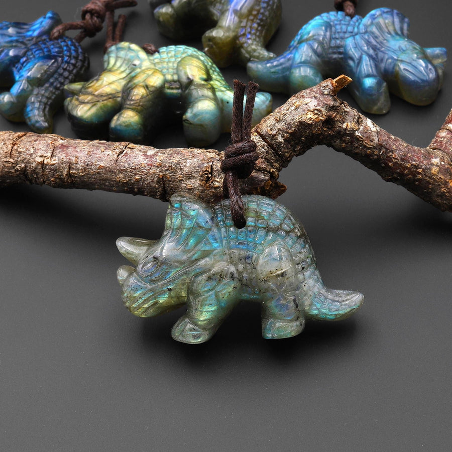 AAA Hand Carved Natural Labradorite Triceratops Dinosaurs Pendant Gemstone Focal Bead A5