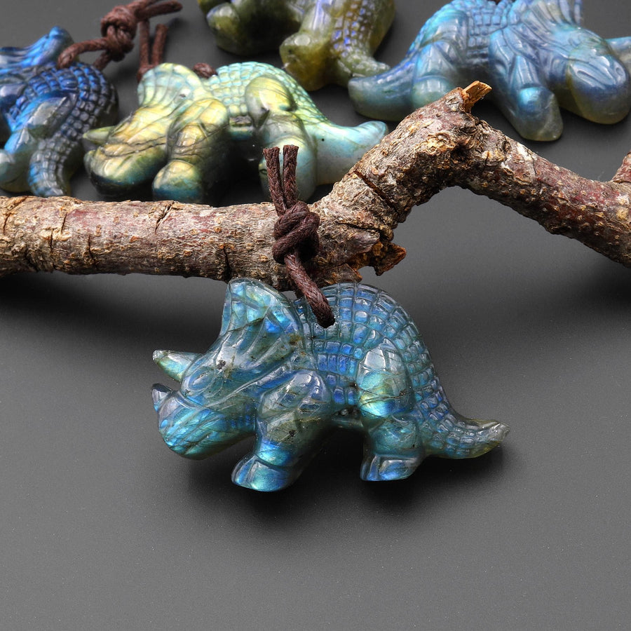AAA Hand Carved Natural Labradorite Triceratops Dinosaurs Pendant Gemstone Focal Bead A6