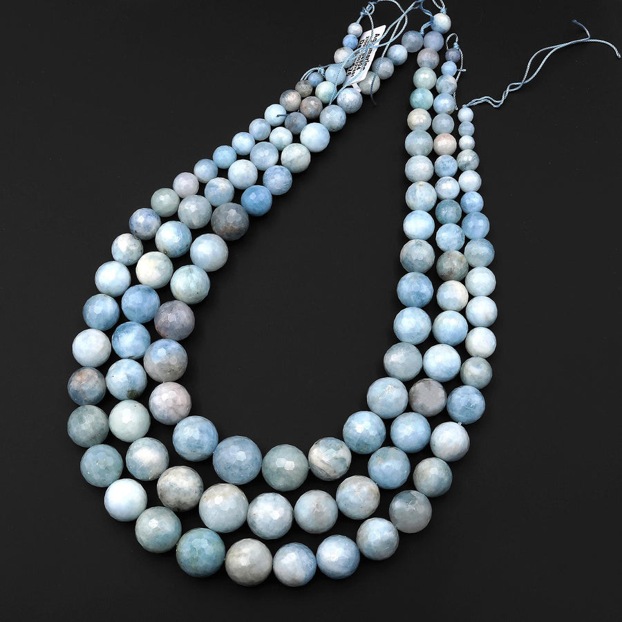 Graduated Large Natural Blue Aquamarine Faceted Round 6mm 17mm Beads Gemstone 18" Strand