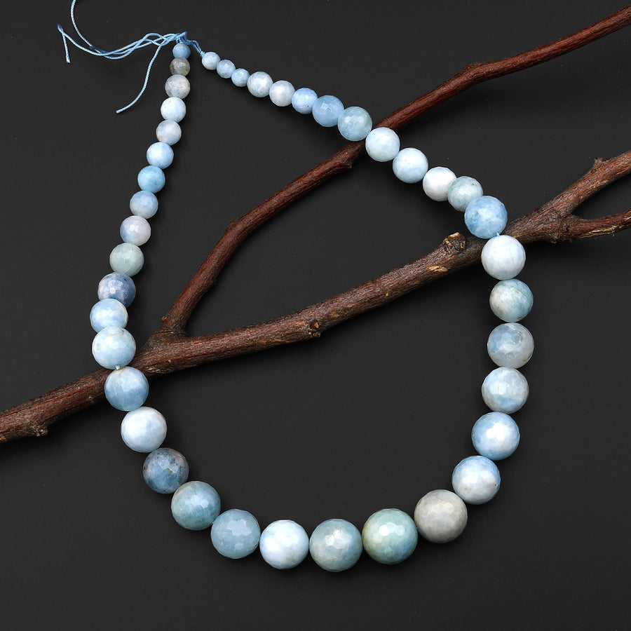 Graduated Large Natural Blue Aquamarine Faceted Round 6mm 17mm Beads Gemstone 18" Strand A1