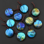 AAA Natural Golden Aqua Green Blue Labradorite Coin Circle Pendant Drilled Gemstone