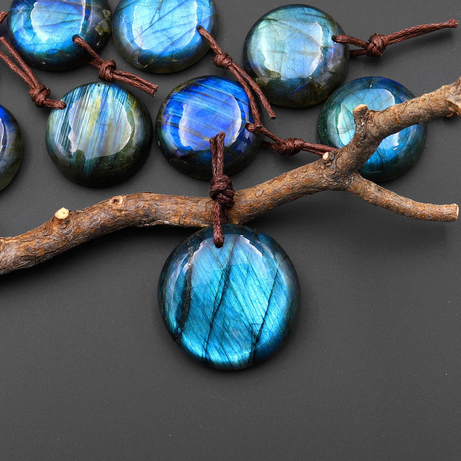 AAA Natural Golden Aqua Green Blue Labradorite Coin Circle Pendant Drilled Gemstone A1