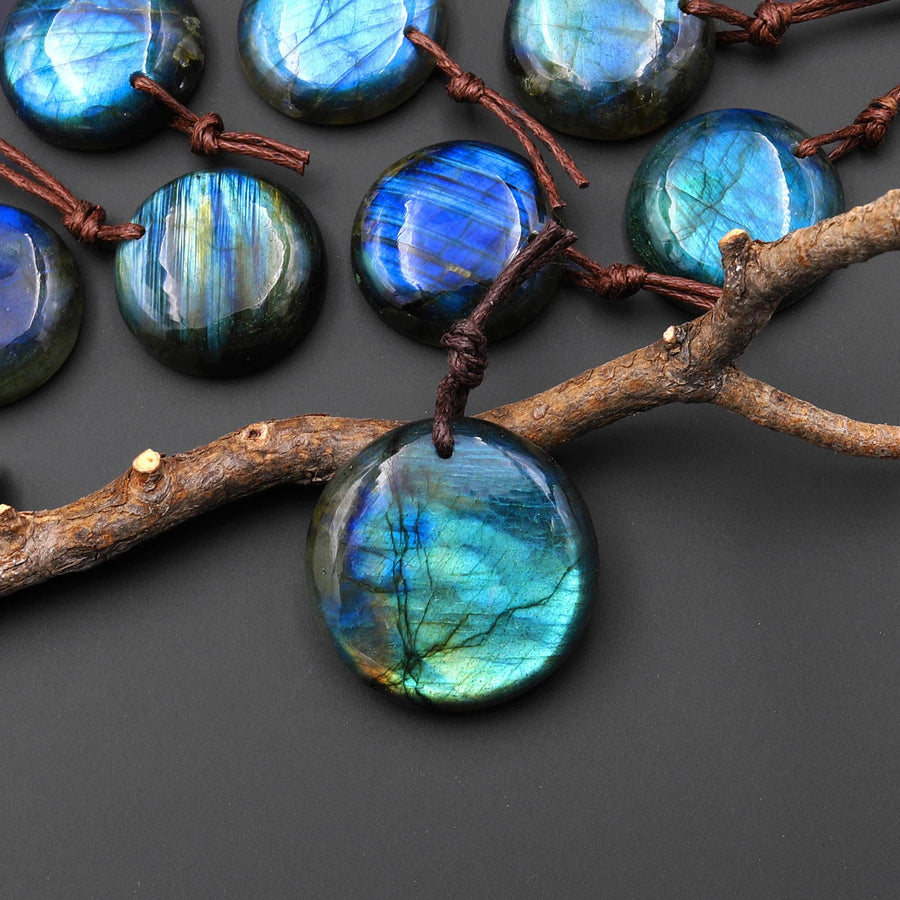 AAA Natural Golden Aqua Green Blue Labradorite Coin Circle Pendant Drilled Gemstone A2