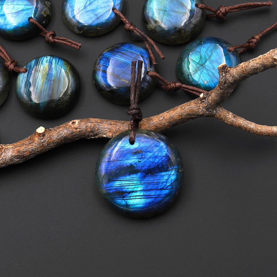AAA Natural Golden Aqua Green Blue Labradorite Coin Circle Pendant Drilled Gemstone A3