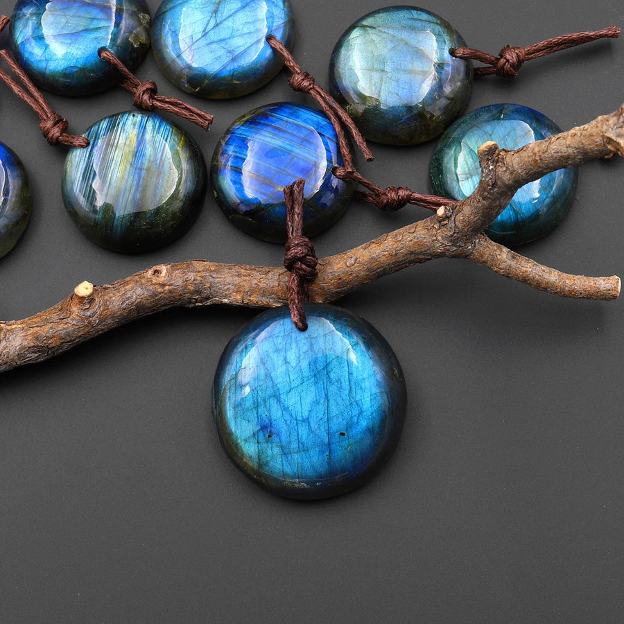 AAA Natural Golden Aqua Green Blue Labradorite Coin Circle Pendant Drilled Gemstone A4
