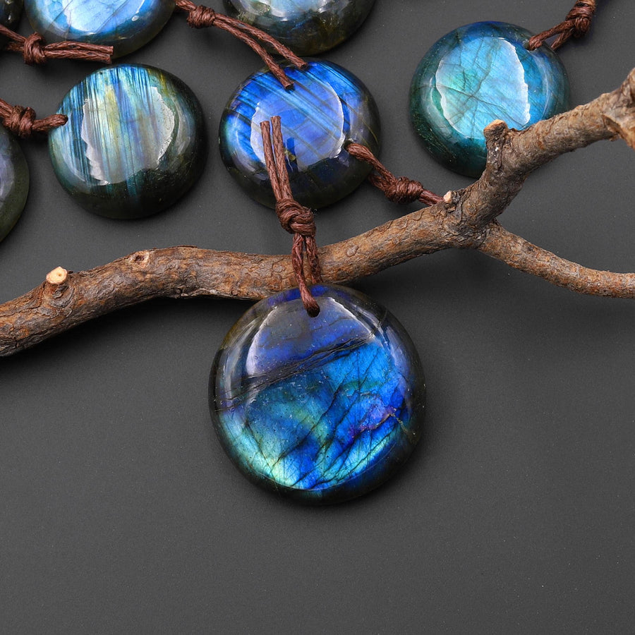 AAA Natural Golden Aqua Green Blue Labradorite Coin Circle Pendant Drilled Gemstone A7