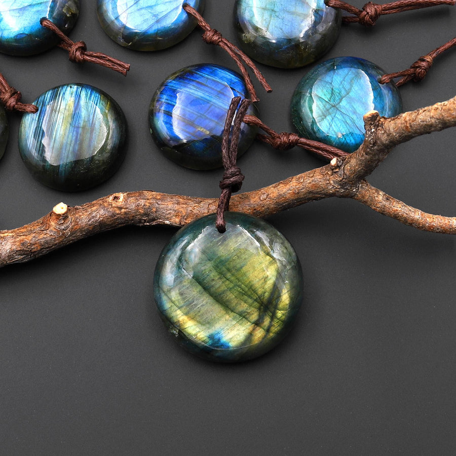 AAA Natural Golden Aqua Green Blue Labradorite Coin Circle Pendant Drilled Gemstone A8