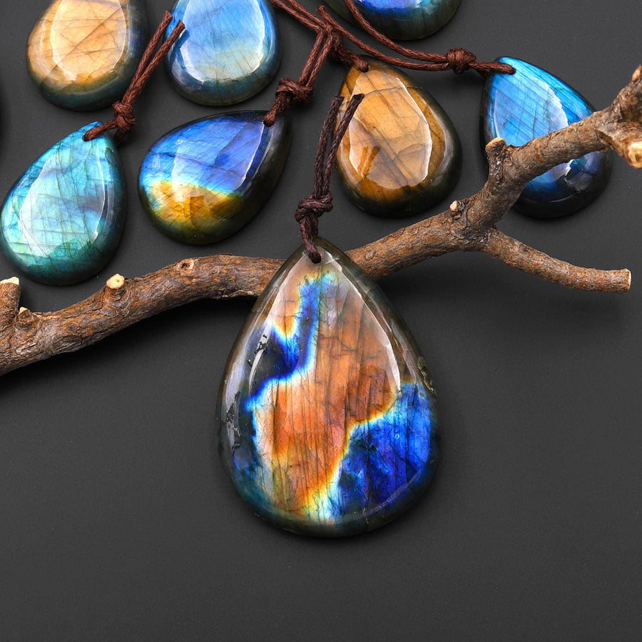 AAA Natural Golden Aqua Green Blue Labradorite Teardrop Pendant Drilled Gemstone A3