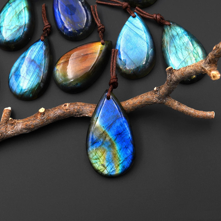 AAA Natural Golden Aqua Green Blue Labradorite Thin Long Teardrop Pendant Drilled Gemstone A1