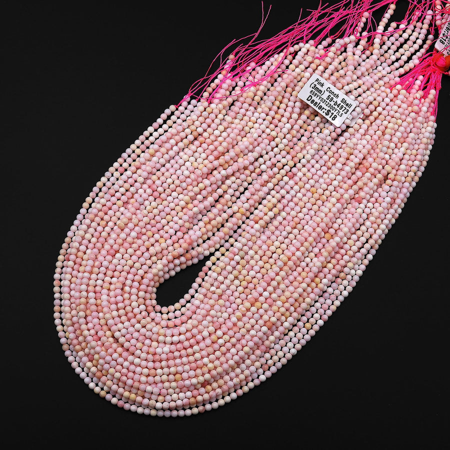 Natural Pink Queen Conch Shell 3mm Smooth Round Beads 15.5" Strand