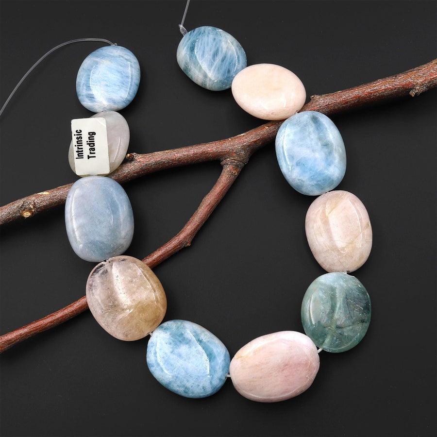 Large Natural Blue Aquamarine Pink Morganite Beads Oval Pebble Nuggets 15.5" Strand A1