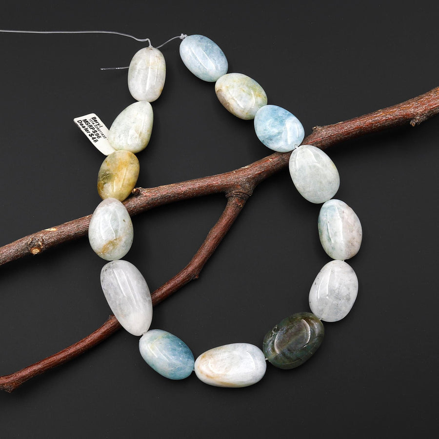 Large Blue Aquamarine Beads Oval Pebble Nuggets Real Genuine Aquamarine Gemstone 15.5" Strand