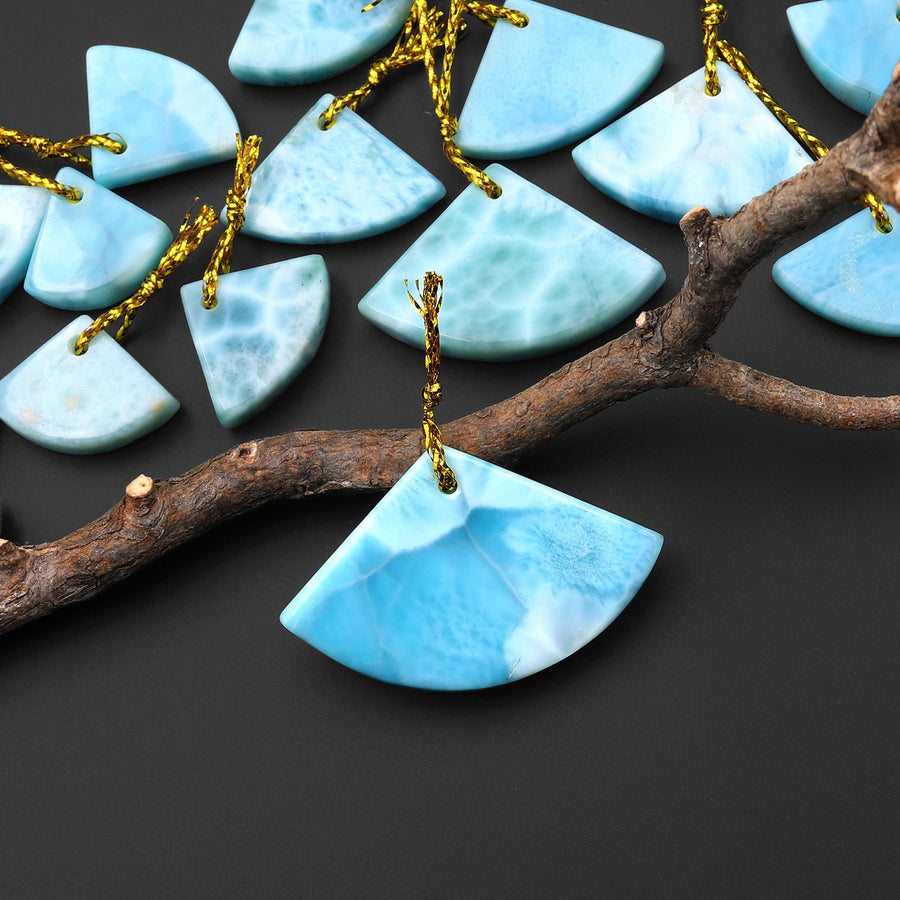 Natural Blue Larimar Triangle Fan Pendant Drilled Genuine Real Blue Larimar Gemstone Focal Bead b0894
