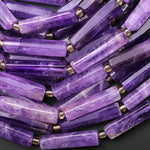 Natural Purple Amethyst Thin Long Hand Faceted Rectangle Tube Beads 15.5" Strand