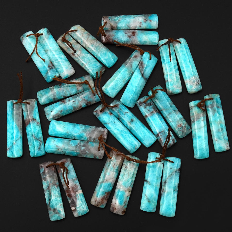 Natural Madagascar Blue Amazonite Quartz Matrix Rectangle Earring Drilled Matched Gemstone Bead Pair A1