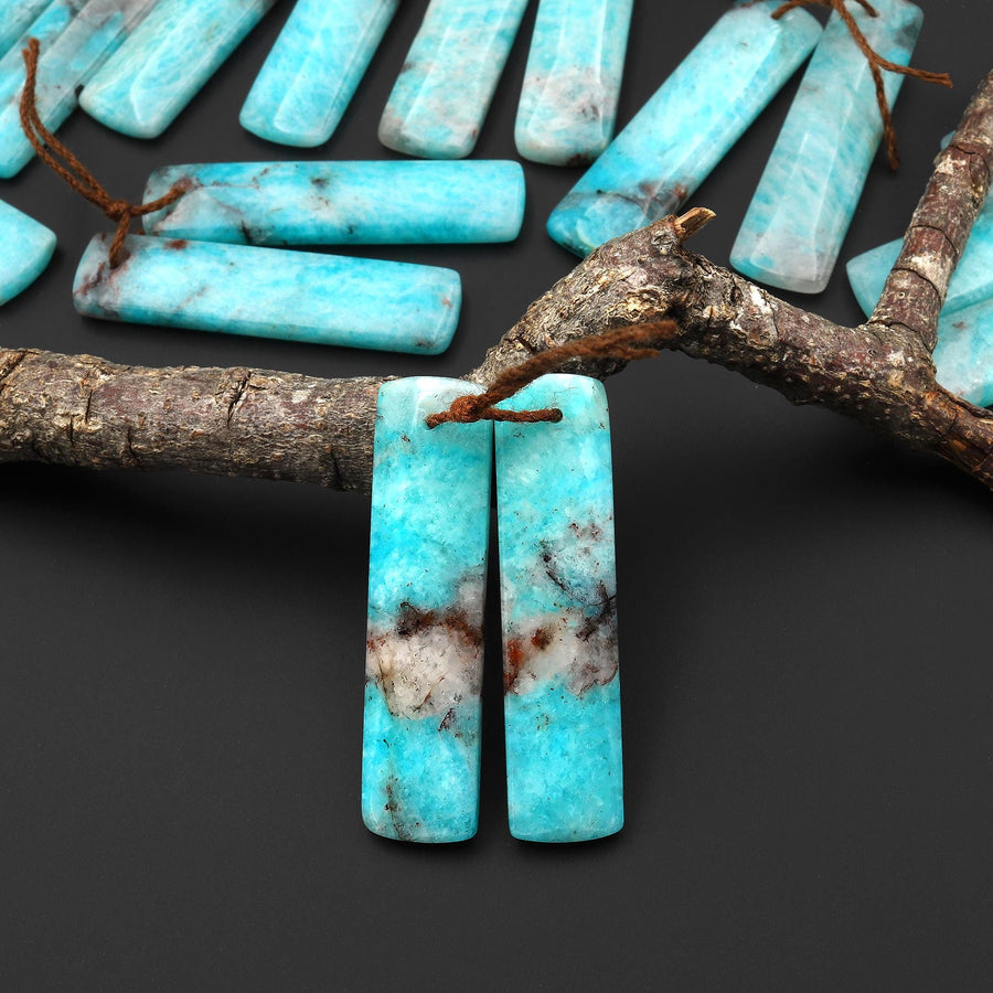 Natural Madagascar Blue Amazonite Quartz Matrix Rectangle Earring Drilled Matched Gemstone Bead Pair A1