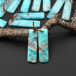 Natural Madagascar Blue Amazonite Quartz Matrix Rectangle Earring Drilled Matched Gemstone Bead Pair A1