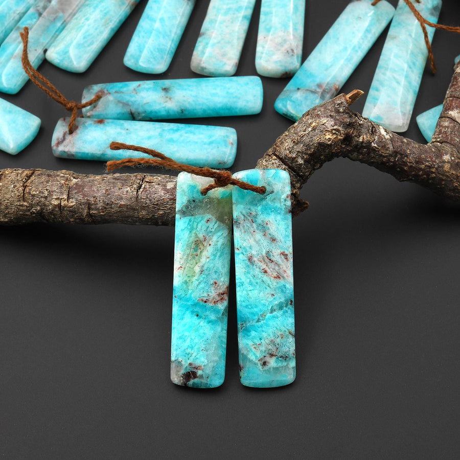 Natural Madagascar Blue Amazonite Quartz Matrix Rectangle Earring Drilled Matched Gemstone Bead Pair A1