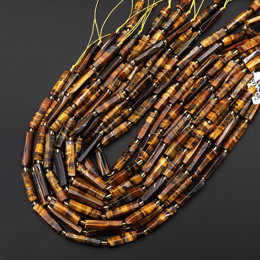 Natural Tiger's Eye Thin Long Hand Faceted Rectangle Tube Beads 15.5" Strand