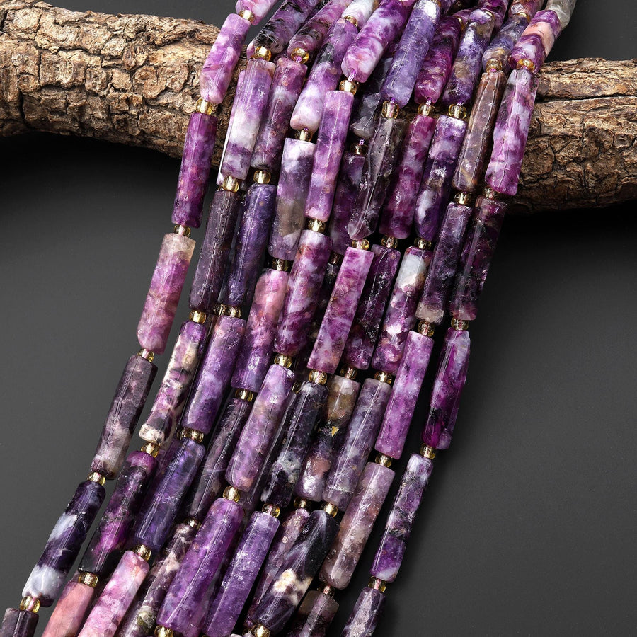 Natural Purple Mica Thin Long Hand Faceted Rectangle Tube Beads 15.5" Strand