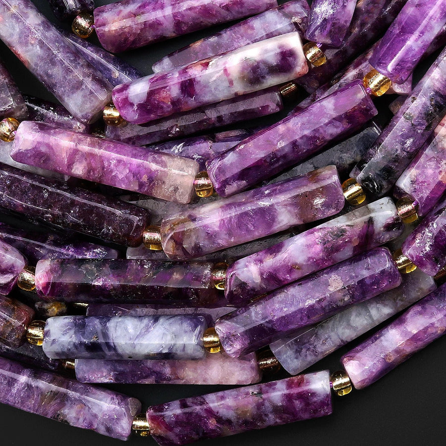 Natural Purple Mica Thin Long Hand Faceted Rectangle Tube Beads 15.5" Strand