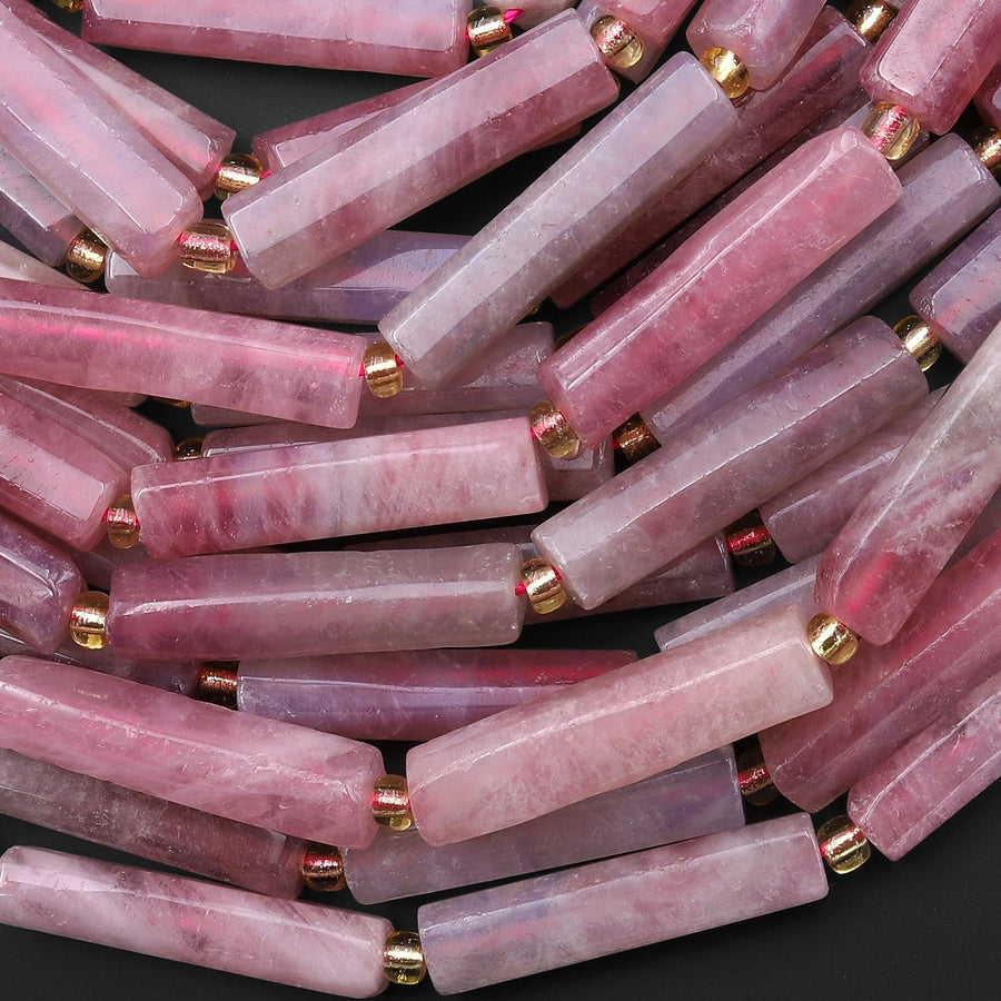 Natural Madagascar Rose Quartz Thin Long Hand Faceted Rectangle Tube Beads 15.5" Strand