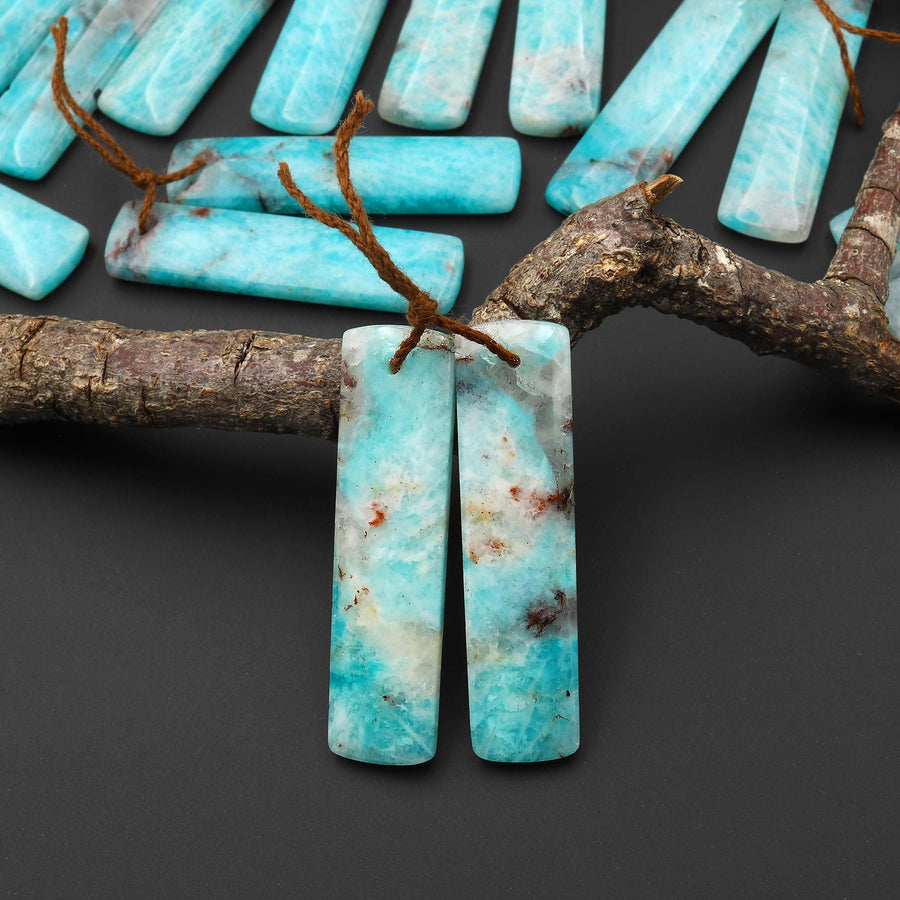Natural Madagascar Blue Amazonite Quartz Matrix Rectangle Earring Drilled Matched Gemstone Bead Pair A6