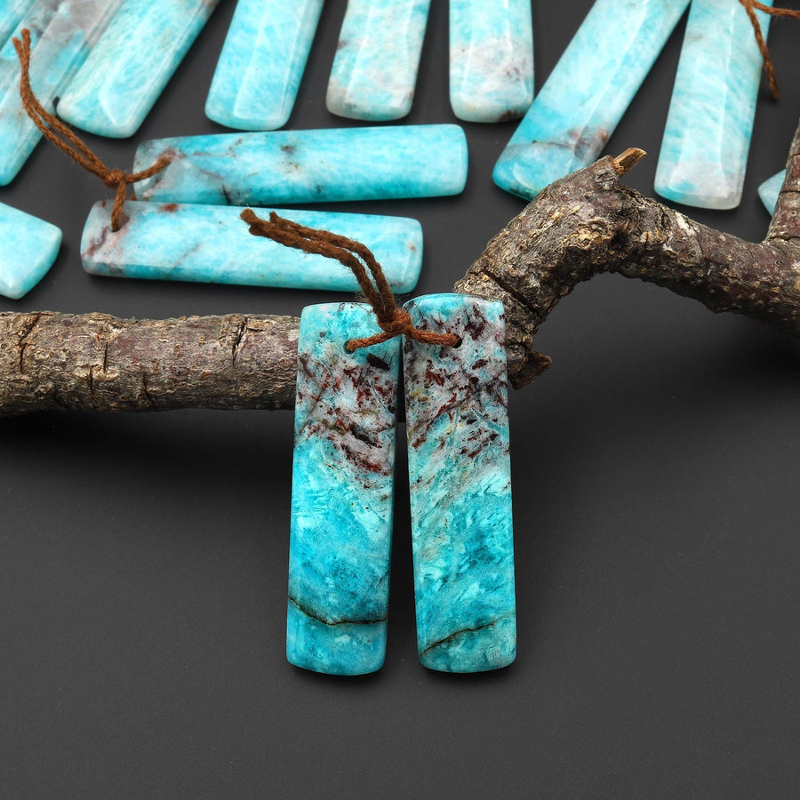 Natural Madagascar Blue Amazonite Quartz Matrix Rectangle Earring Drilled Matched Gemstone Bead Pair A7