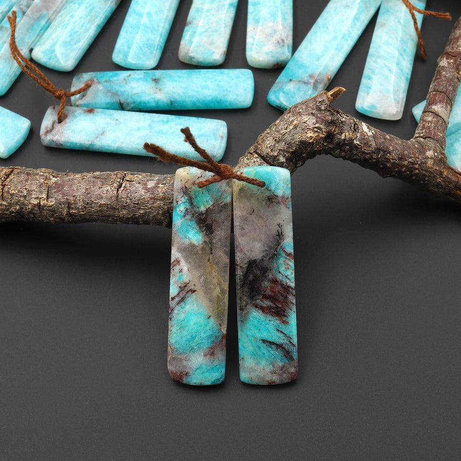 Natural Madagascar Blue Amazonite Quartz Matrix Rectangle Earring Drilled Matched Gemstone Bead Pair A8
