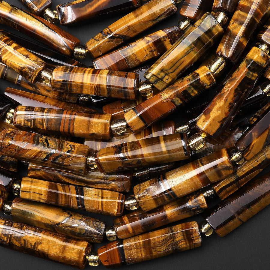 Natural Tiger's Eye Thin Long Hand Faceted Rectangle Tube Beads 15.5" Strand