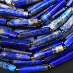 Natural Blue Lapis Thin Long Hand Faceted Rectangle Tube Beads 15.5" Strand