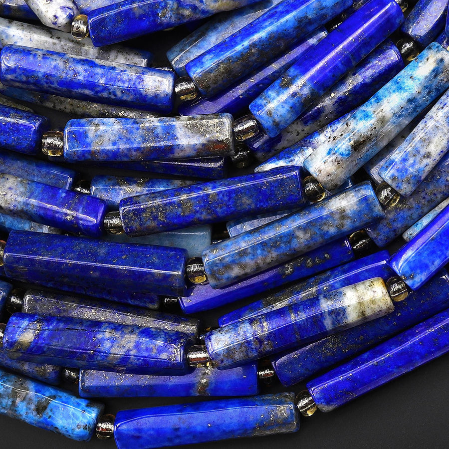 Natural Blue Lapis Thin Long Hand Faceted Rectangle Tube Beads 15.5" Strand