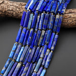 Natural Blue Lapis Thin Long Hand Faceted Rectangle Tube Beads 15.5" Strand