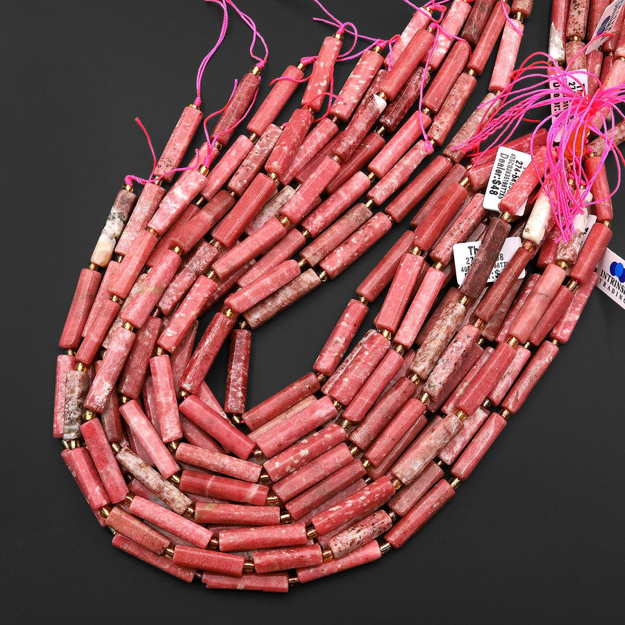 Natural Pink Thulite Thin Long Hand Faceted Rectangle Tube Beads 15.5" Strand