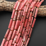 Natural Pink Thulite Thin Long Hand Faceted Rectangle Tube Beads 15.5" Strand