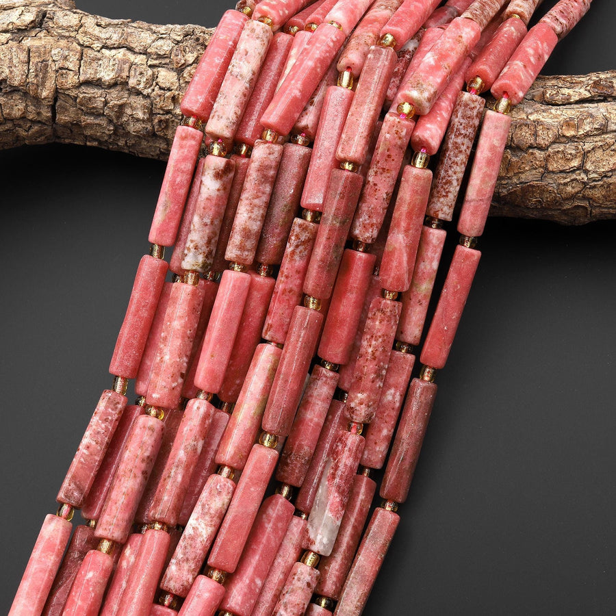 Natural Pink Thulite Thin Long Hand Faceted Rectangle Tube Beads 15.5" Strand