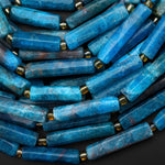 Natural Teal Blue Apatite Thin Long Hand Faceted Rectangle Tube Beads 15.5" Strand