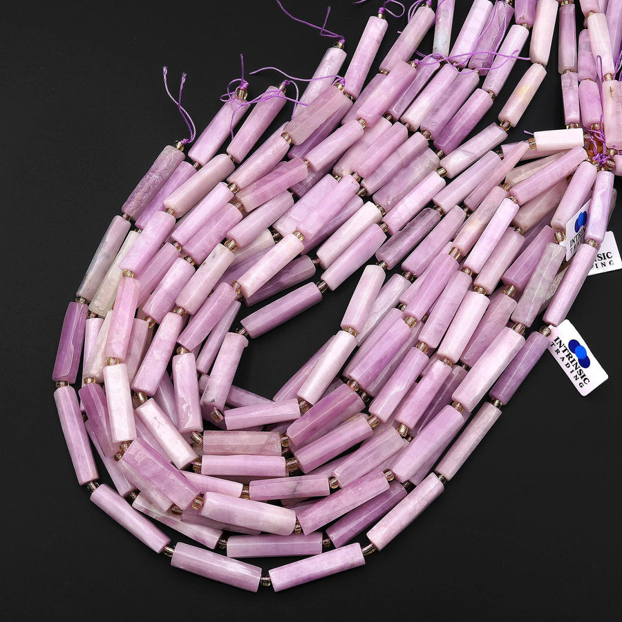 Natural Kunzite Thin Long Hand Faceted Rectangle Tube Beads 15.5" Strand