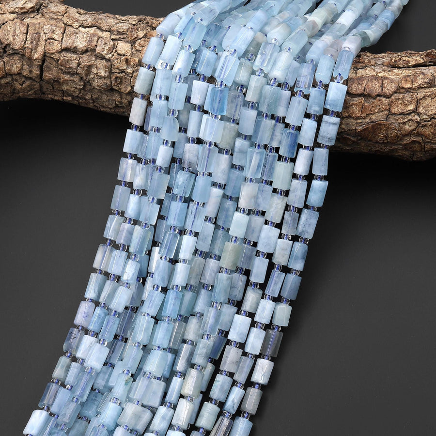 Natural Blue Aquamarine Tube Cylinder Gemstone Beads 15.5" Strand b4968