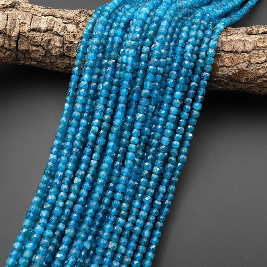 AAA Translucent Natural Teal Blue Apatite Faceted 4mm Cube Beads Gemstone 15.5" Strand b4965