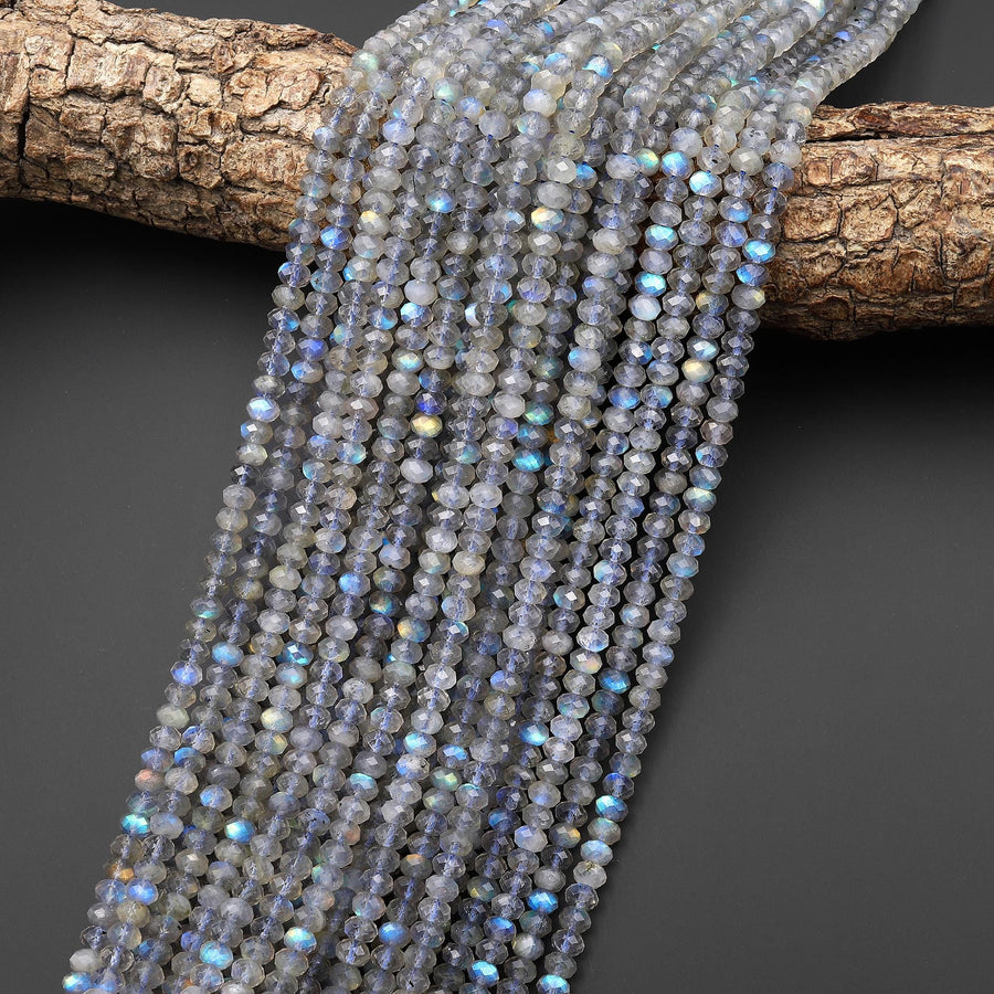 AAA Faceted Labradorite 5mm Rondelle Beads Brilliant Rainbow Golden Blue Flashes Fire 15.5" Strand