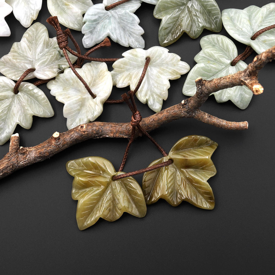 Hand Carved Natural Burma Jade Leaf Earring Pair Drilled Matched Gemstone EC0418