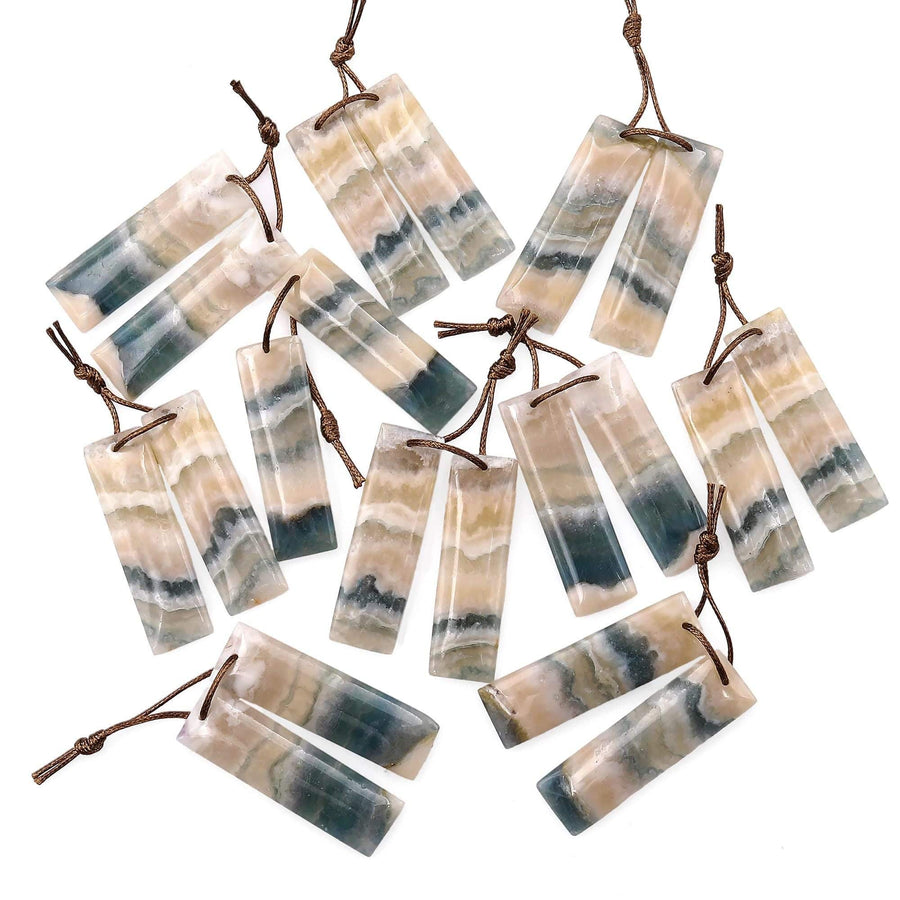 Rare Natural Green Moss Fluorite Rectangle Earring Pair Drilled Matched Gemstone Beads