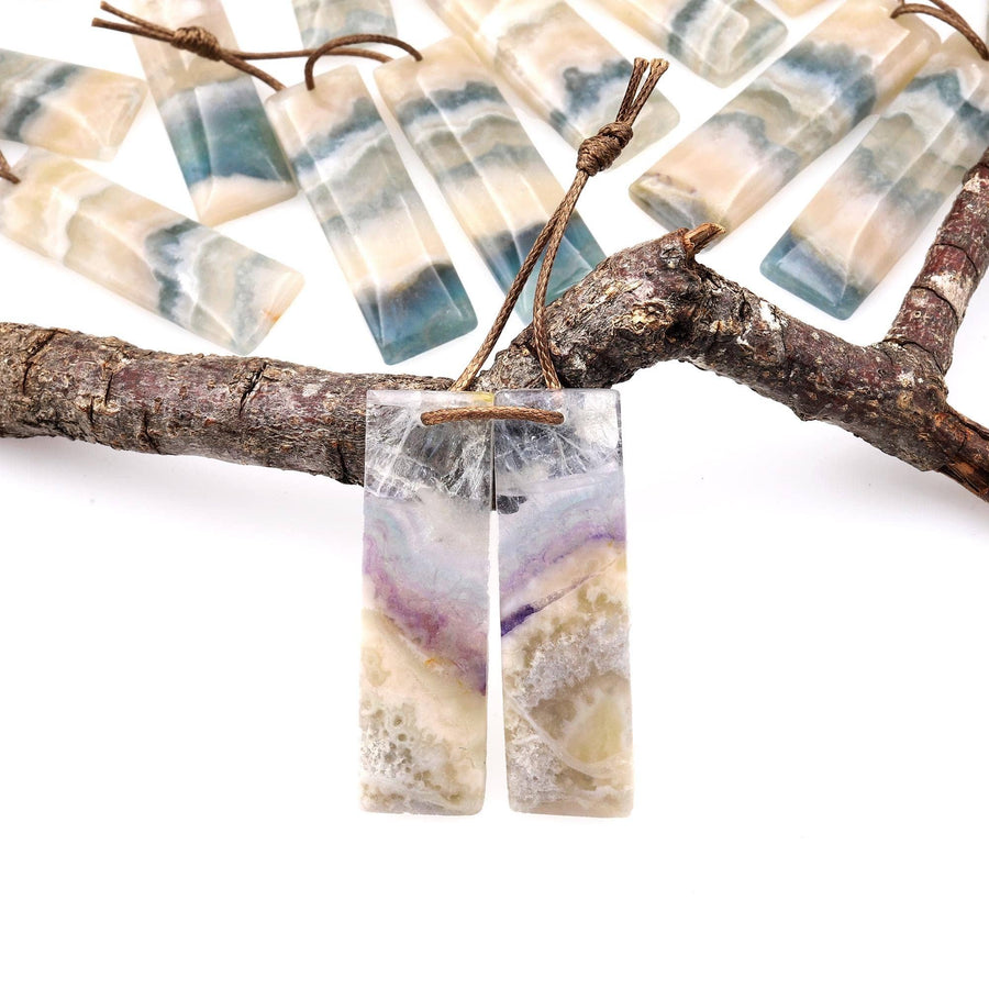 Rare Natural Green Moss Fluorite Rectangle Earring Pair Drilled Matched Gemstone Beads